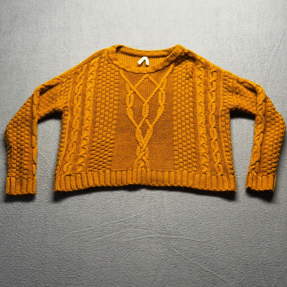 Mudd Cable Knit Sweater Womens XS Mustard Yellow Gold Chunky Pullover Cropped